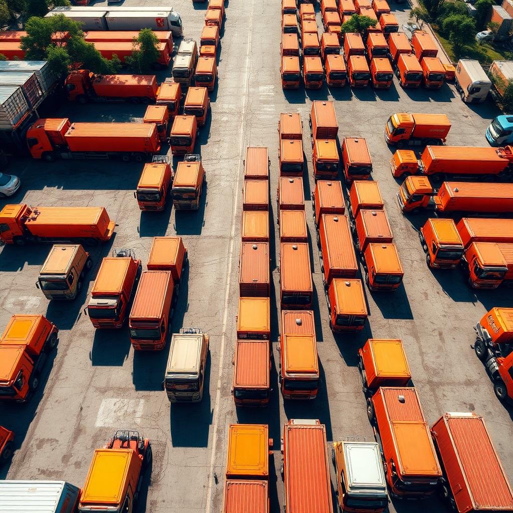 Vista aérea de uma frota de caminhões cadastrada no Gire Mais